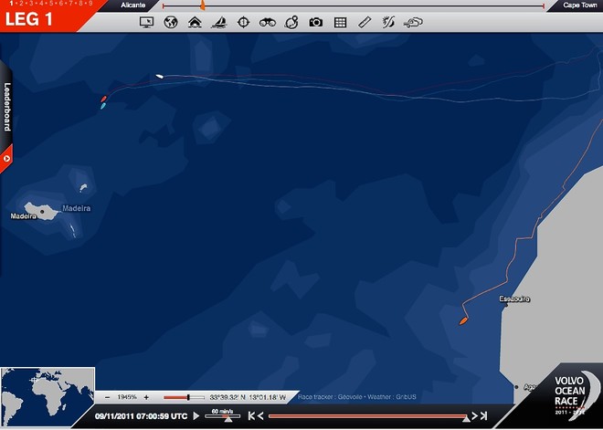 Groupama has hugged the African coast but is now lifting off confident of holding her breeze. She is the closest of the fleet to the direct route after day 3 of the Volvo Ocean Race. Telefonica is the turquoise boat, Puma the red boat and Camper the white. Groupama is orange yacht.    © Volvo Ocean Race http://www.volvooceanrace.com